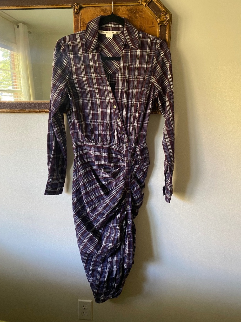 Veronica Beard Calvert Plaid Button-Front Ruched Shirtdress Size 2